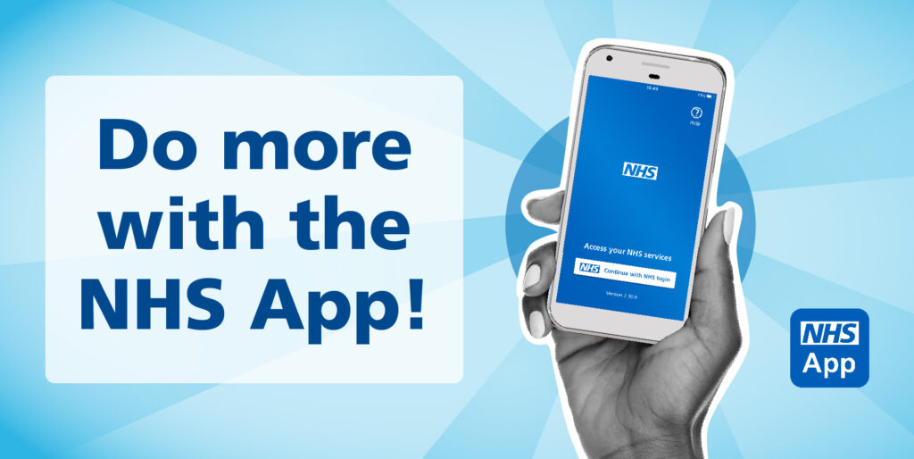 A hand holding a mobile phone showing the NHS App open on screen with the text 'Do more with the NHS App!' to the left