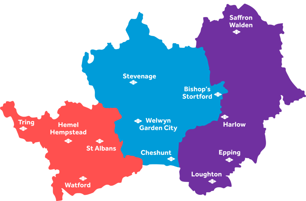 Illustrative map showing three 'health and care partnership' areas in Hertfordshire and west Essex.