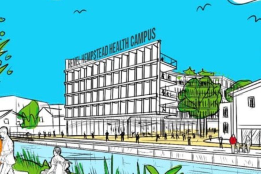 Artist impression of Hemel Hempstead Health Campus looking at the building from across the river Gade