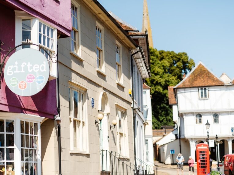 Shops in old buildings on a sunny day